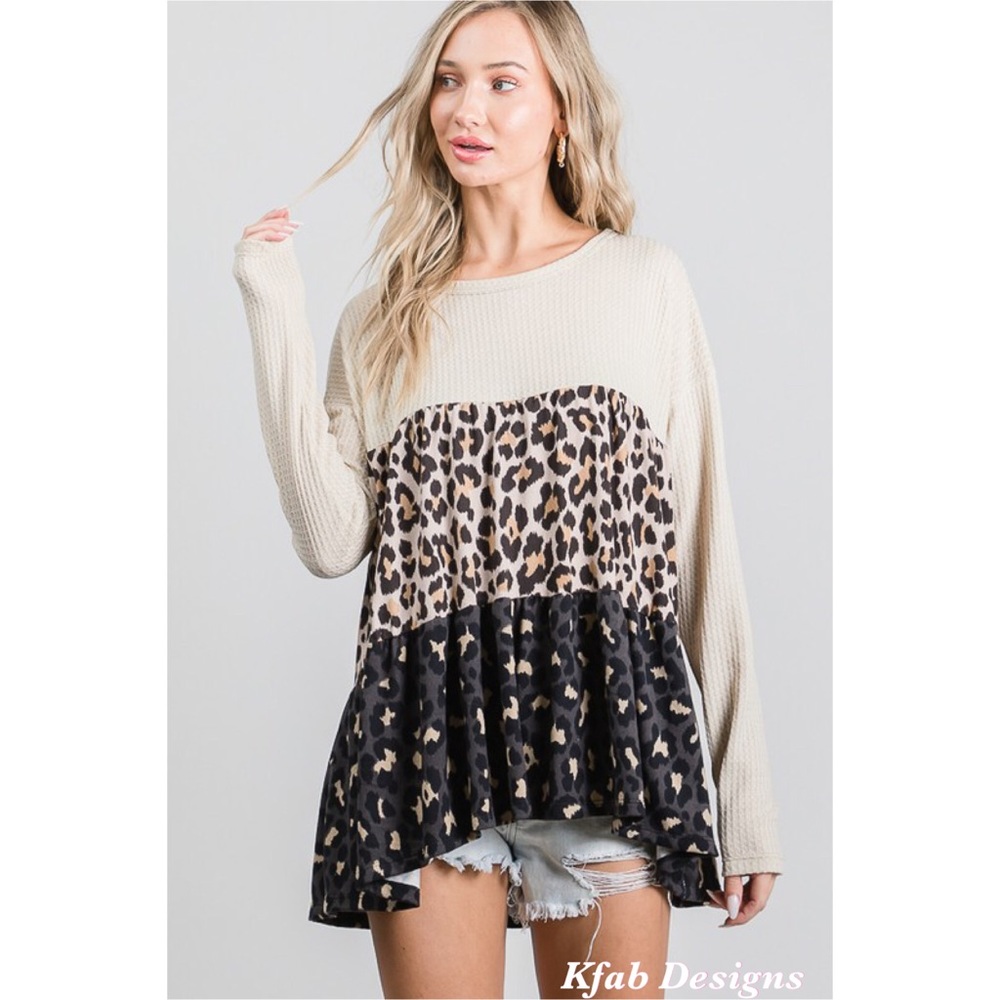 ❤️LAST!! Waffle Babydoll Leopard Color Block Top - Picture 7 of 11